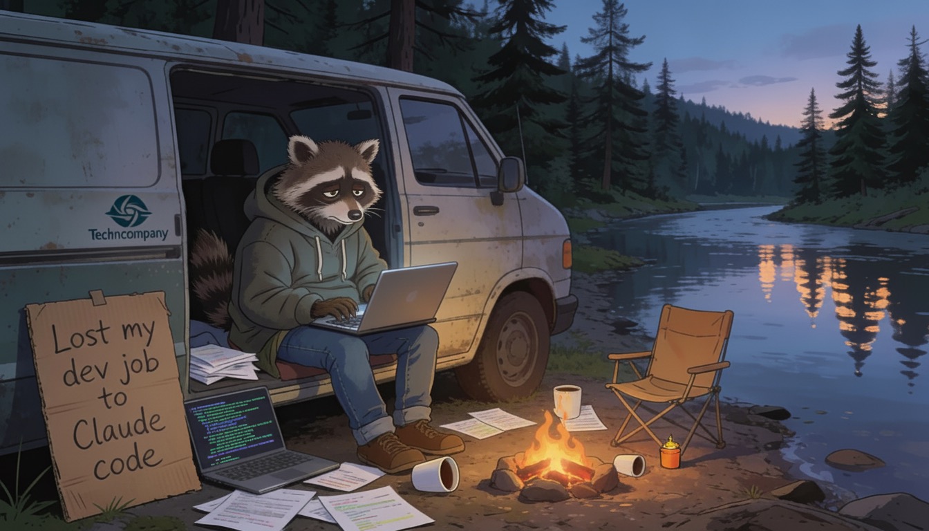 A raccoon coding by the river